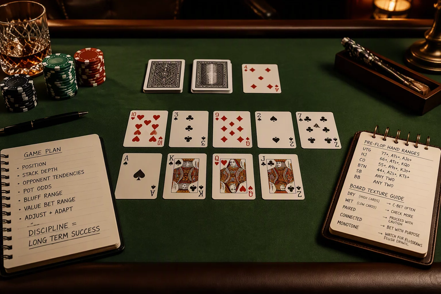 Un tavolo verde da gioco con carte tradizionali disposte ordinatamente